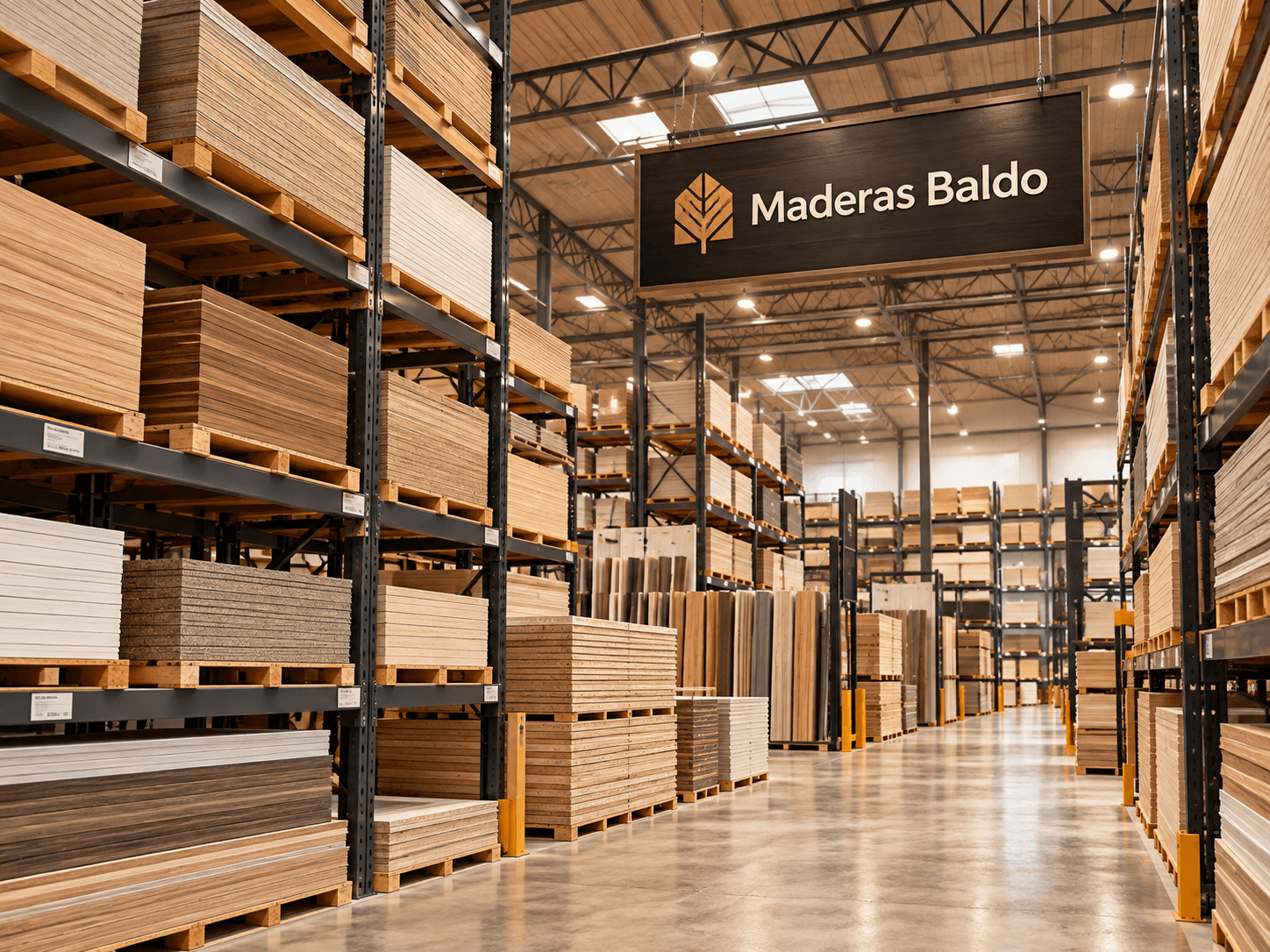 Almacén moderno de tableros de Maderas Baldó, con estanterías de madera